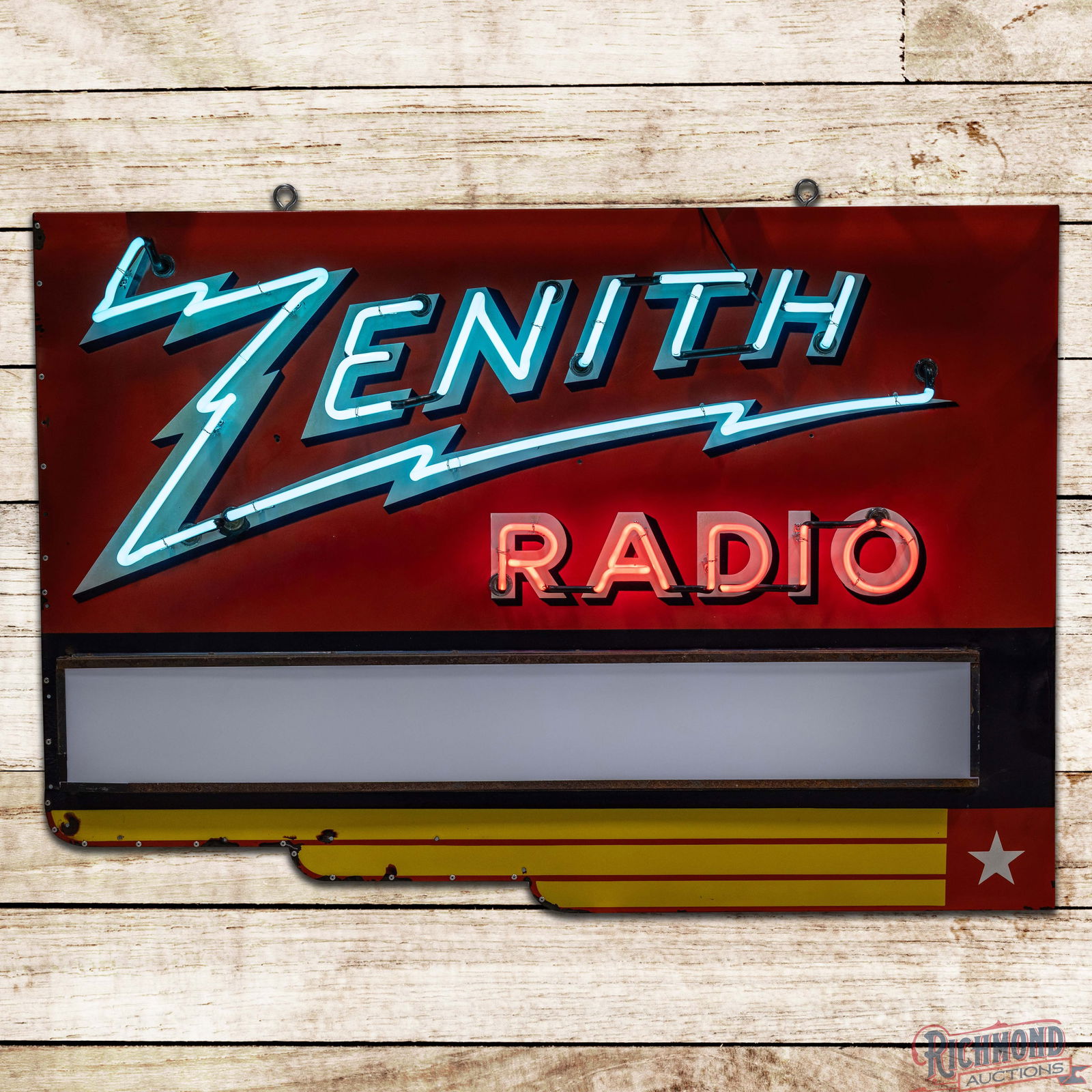 Zenith Radios 5.5' Single Sided Porcelain Factory Neon Sign: SSP (Single Sided Porcelain) multi-piece factory neon sign with a new metal can has excellent color and gloss. The fields are very clean overall with minor surface imperfections and areas of slight di