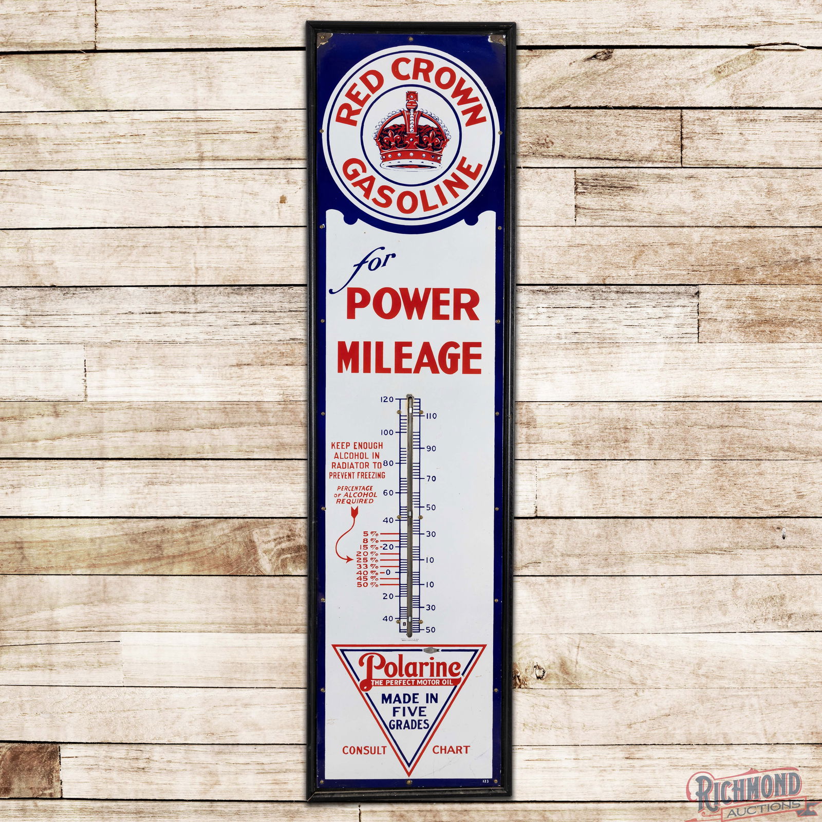 Red Crown Gasoline Polarine Motor Oil "For Power Mileage" 6' SS Porcelain Thermometer w/ Logo: SSP (Single Sided Porcelain) thermometer with an added wooden frame has outstanding color and gloss. The tube is present, however it is broken. The field is very clean overall with minor surface imper