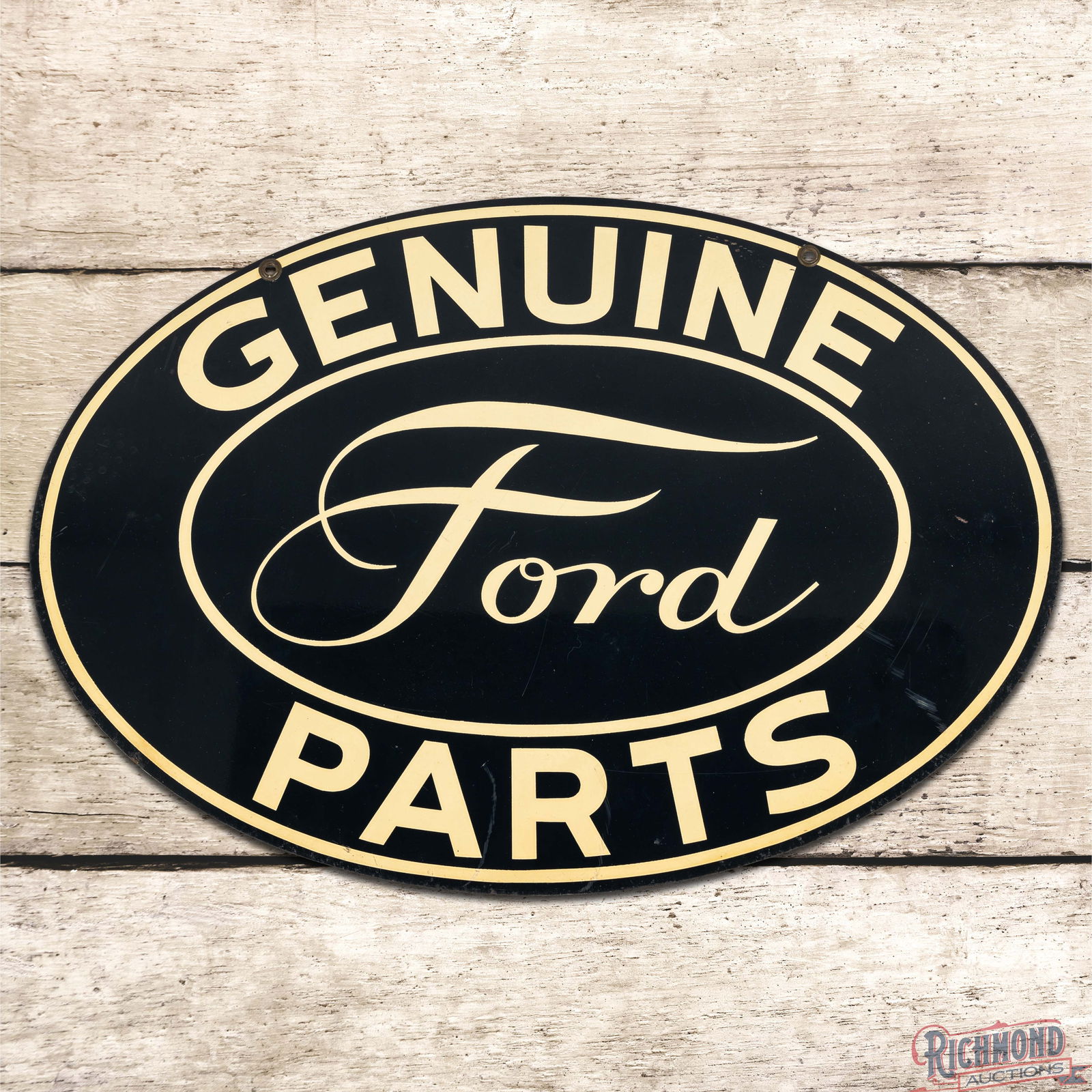 Rare Ford Genuine Parts Double Sided Tin Oval w/ Fancy Script: DST (Double Sided Tin) sign has excellent color and shine. The display has light surface wear present with fine scratches and small paint chips in the outer fields and perimeter. The reverse is a rare