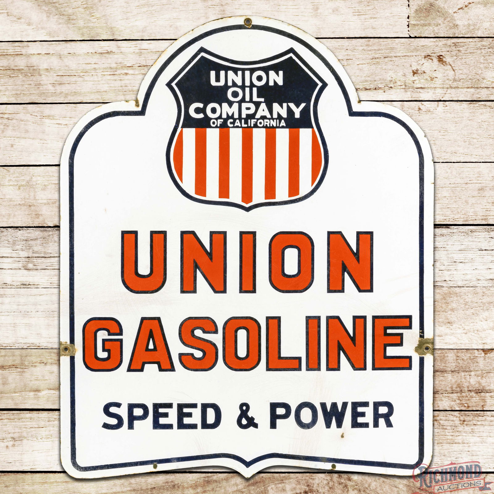 Union Gasoline Speed & Power Die Cut Double Sided Porcelain Sign "Union Oil Company of California": DSP (Double Sided Porcelain) die cut sign has very good color and gloss. The display field has fine scratches with crazing and small bruises in the outer fields. The perimeter has chips at the mountin