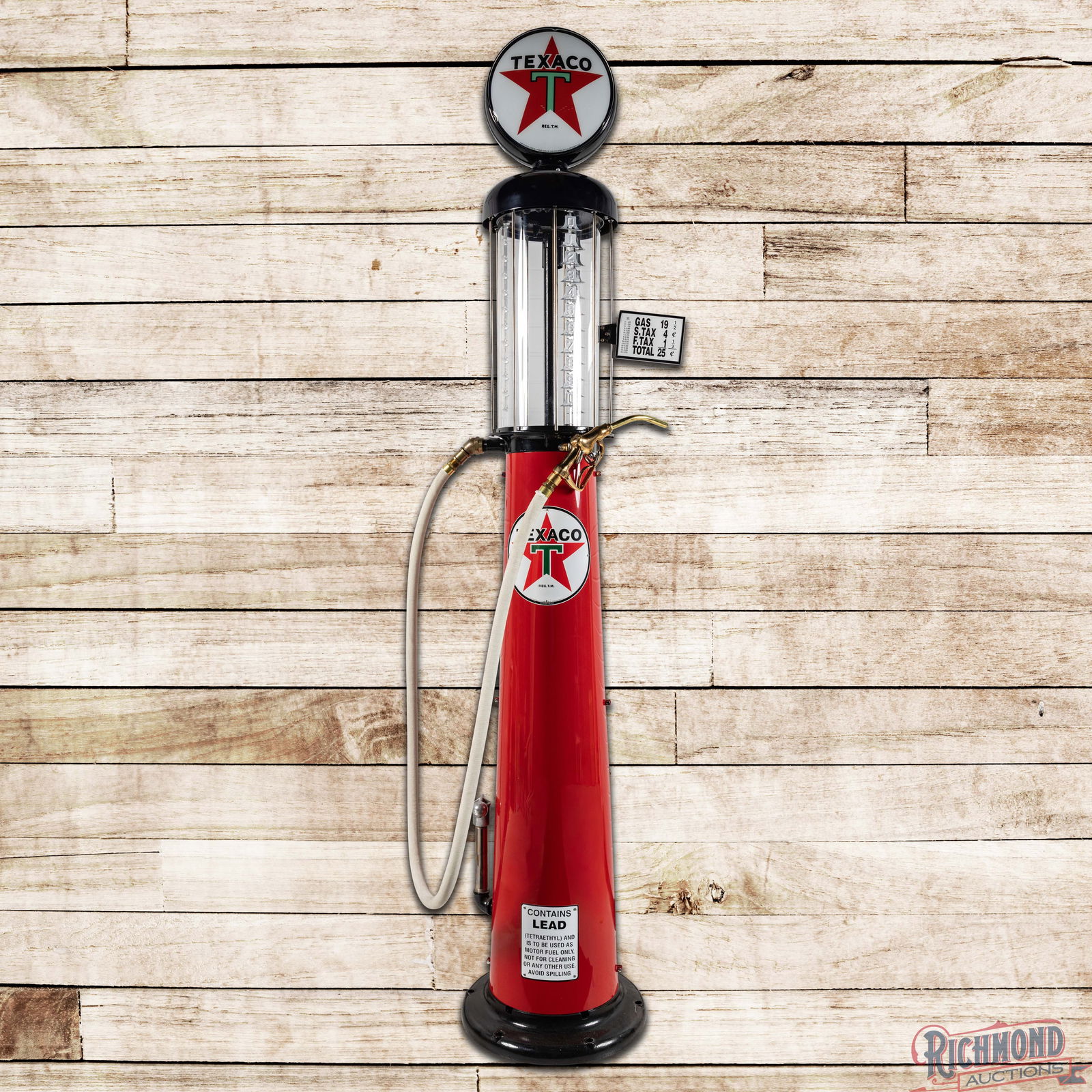 Ten Gallon Visible Gas Pump Restored Texaco Gasoline: Ten gallon visible gas pump has been professionally restored. The pump features bright colors with high gloss and Gilmore Red Lion Gasoline decals along each side. The finish is very clean overall