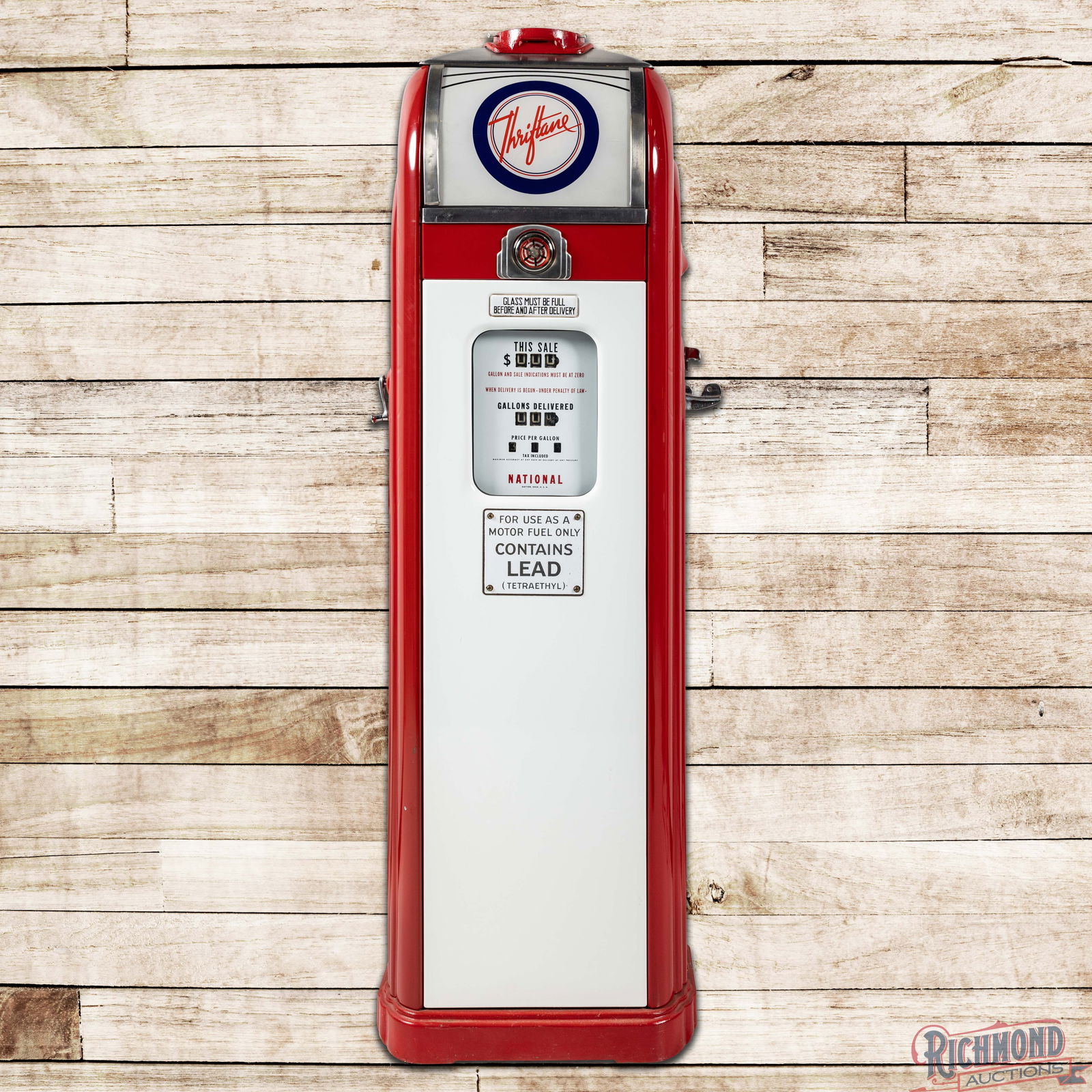 National Model #A38 Computing Gas Pump Restored Esso Thriftane Gasoline: National Model #A38 computing gas pump has been professionally restored. The pump features vibrant red and white paint with areas of light wear, scuffs and small chips to the porcelain faceplates.