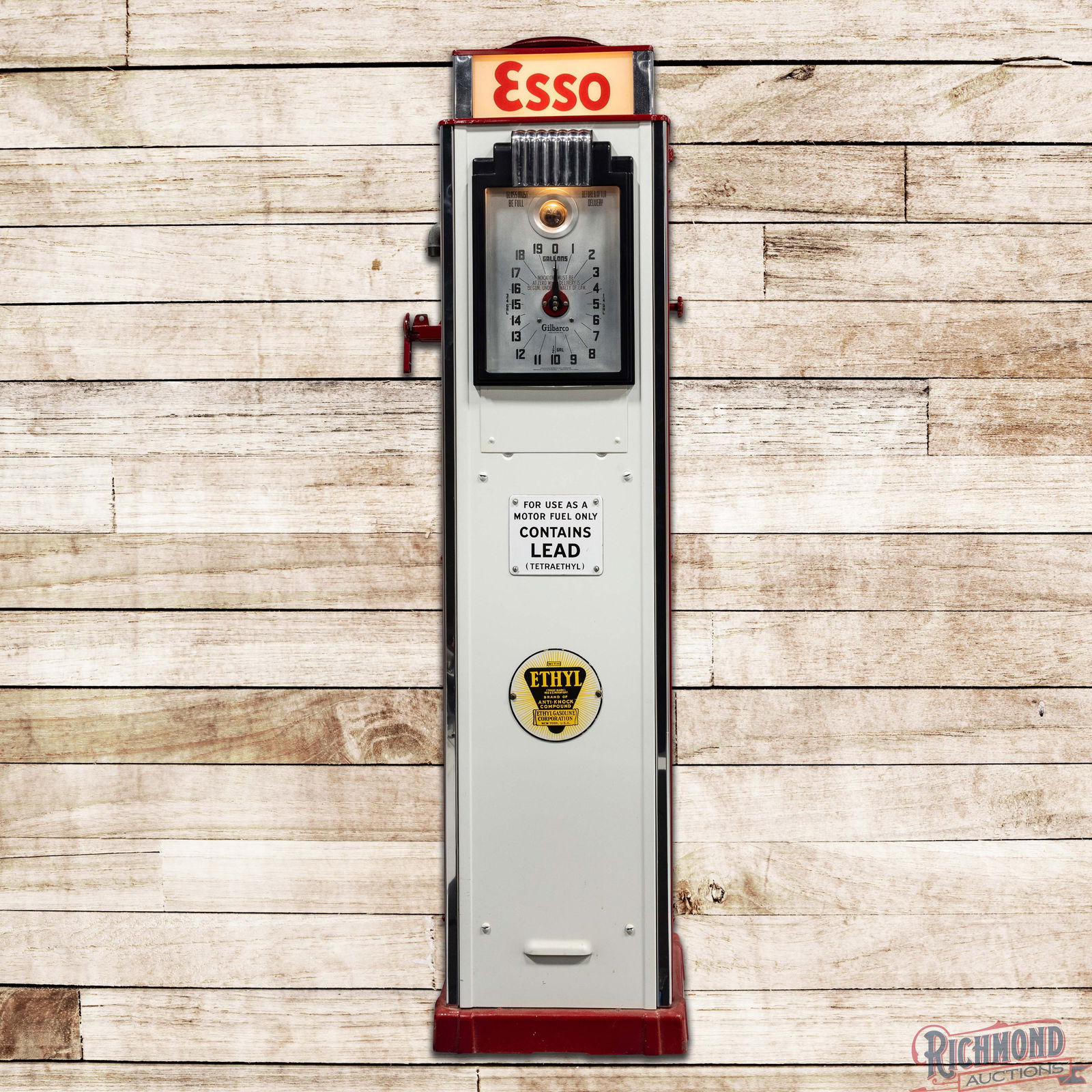 Gilbarco Model #87 Clock Face Gas Pump Restored Esso Ethyl Gasoline: Gilbarco Model #87 clock face gas pump has been restored. The pump features bright red and white paint with high gloss and chrome trim along the sides of the door skins. The surface has areas of