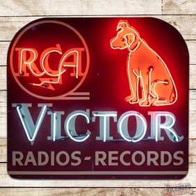Amazing RCA Victor Radios Records Single Sided Porcelain Factory Neon Sign w/ Nipper