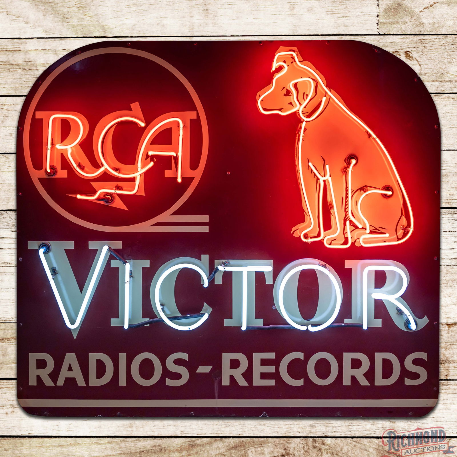 Amazing RCA Victor Radios Records Single Sided Porcelain Factory Neon Sign w/ Nipper: SSP (Single Sided Porcelain) factory neon sign with a metal can has excellent color and gloss. The sign features two-color neon with a large graphic of their mascot, "Nipper" in the right field. The d