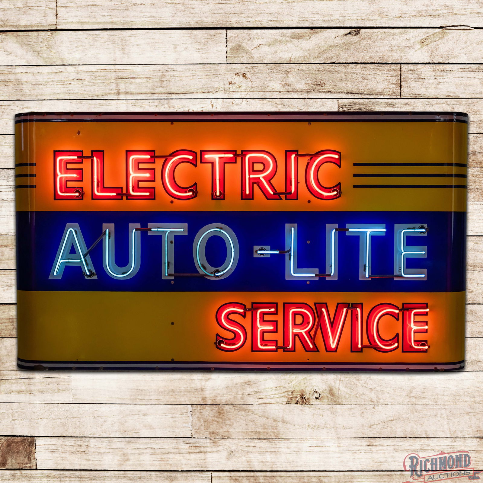 Outstanding Autolite Electric Service 6' Single Sided Porcelain Factory Neon Sign: SSP (Single Sided Porcelain) factory neon sign with the original metal can has day one color and gloss. The sign features two-color neon with heavy shelved vibrant porcelain enamel. The field is clean