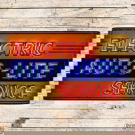 Outstanding Autolite Electric Service 6' Single Sided Porcelain Factory Neon Sign: SSP (Single Sided Porcelain) factory neon sign with the original metal can has day one color and gloss. The sign features two-color neon with heavy shelved vibrant porcelain enamel. The field is clean