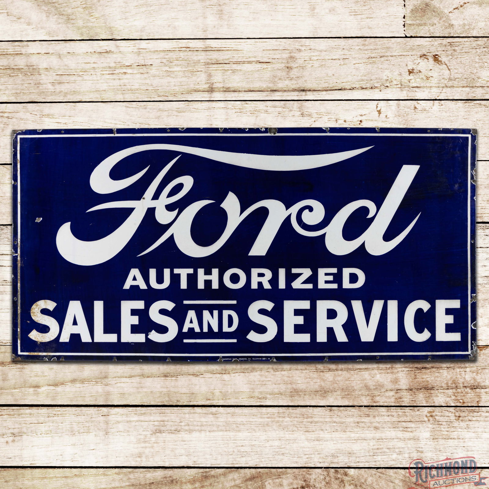 Ford Authorized Sales and Service 6' Single Sided Porcelain Sign: SSP (Single Sided Porcelain) sign has very good color and gloss. The display has light wear with fine scratches, minor crazing and small chips. The perimeter has discoloration at the lower left