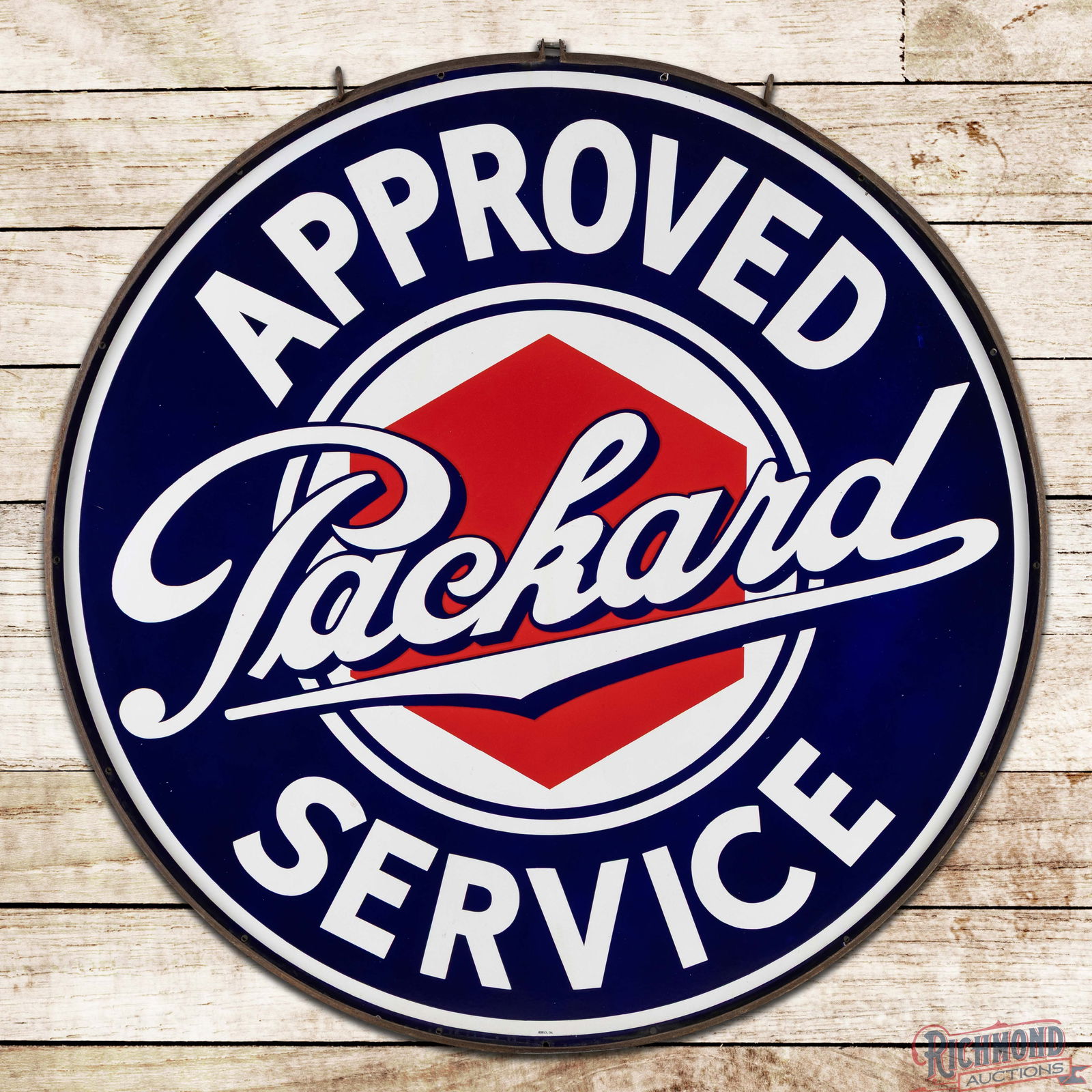 Amazing Packard Approved Service 5' Double Sided Porcelain Sign w/ Ring: DSP (Double Sided Porcelain) sign with the factory ring has outstanding color and gloss. The display has a clean field with tiny bruise near the upper edge of the "S" in Service. The perimeter has