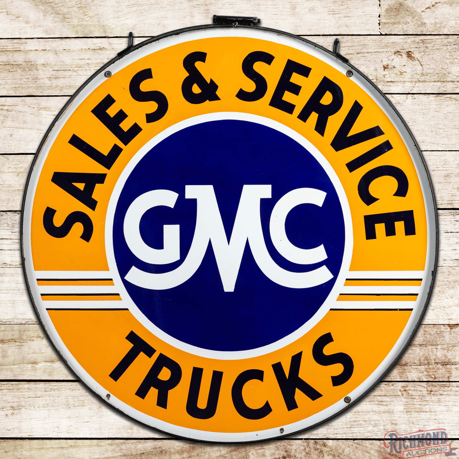 Excellent GMC Trucks Sales & Service 42" Double Sided Porcelain Sign w/ Ring: DSP (Double Sided Porcelain) sign with a metal ring has outstanding color and gloss. Side #1 is exceptionally clean with minor surface imperfections and two tiny flea bites in the "C" of GMC. The
