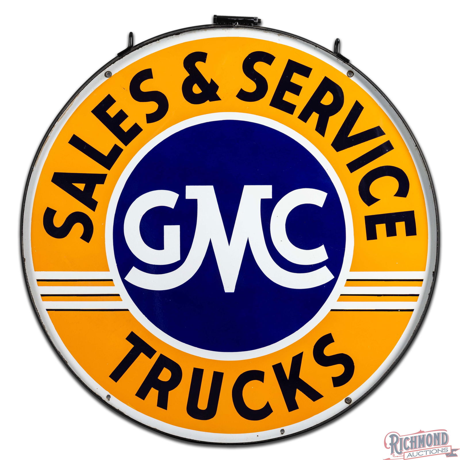 Excellent GMC Trucks Sales & Service 42" Double Sided Porcelain Sign w/ Ring - 2