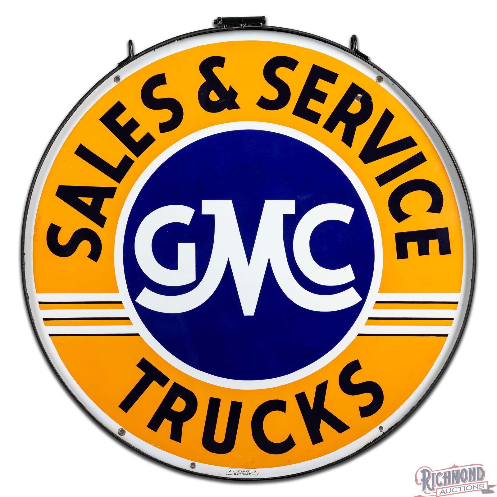 Excellent GMC Trucks Sales & Service 42" Double Sided Porcelain Sign w/ Ring - 3