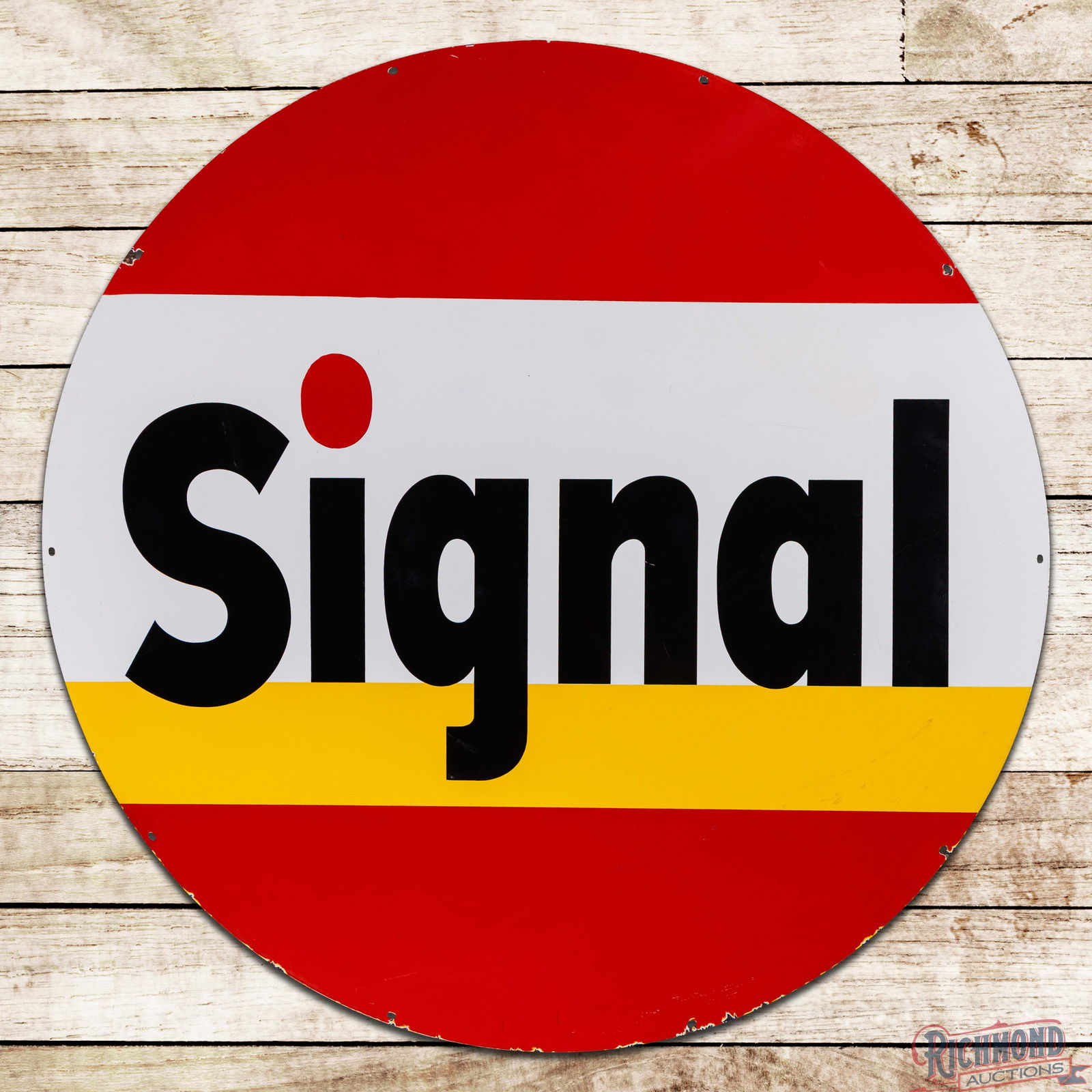 Exceptional Signal Gasoline 6' Double Sided Porcelain ID Sign "Rare Version": DSP (Double Sided Porcelain) sign has outstanding color and gloss. The display field is exceptionally clean with light marks and minor surface imperfections. The perimeter has small chips at the