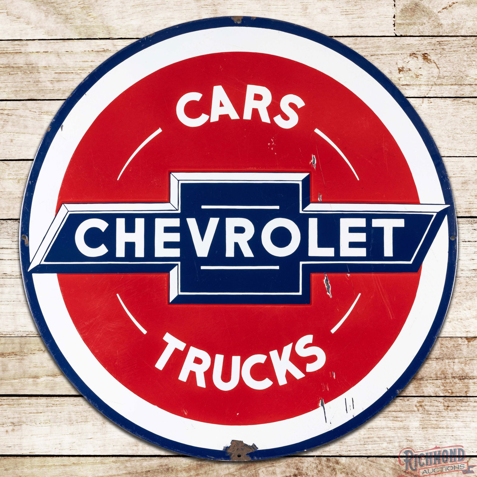 Rare Chevrolet Cars Trucks 36" Single Sided Porcelain Sign w/ Logo: Scarce SSP (Single Sided Porcelain) sign has excellent color and gloss. The sign features a large Chevrolet bowtie logo in the field with a unique red porcelain enamel background. The display has