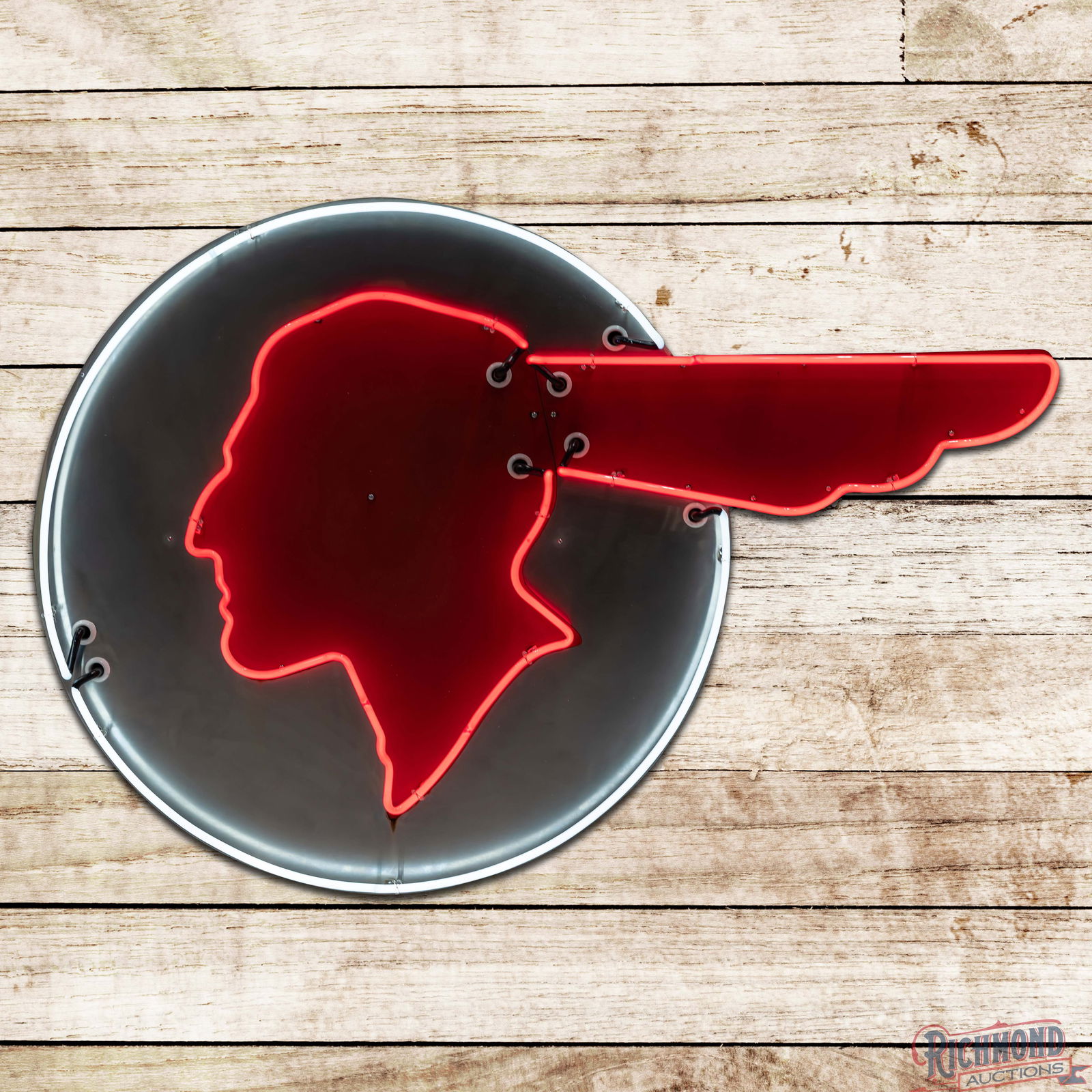 Rare Vincel Pontiac Automobiles 5' Die Cut SS Porcelain & Stainless Steel Factory Neon Sign: Outstanding SSP (Single Sided Porcelain) factory neon sign with a stainless neon backdrop, and the original metal can has excellent color and gloss. The sign was originally displayed at the famous Vin