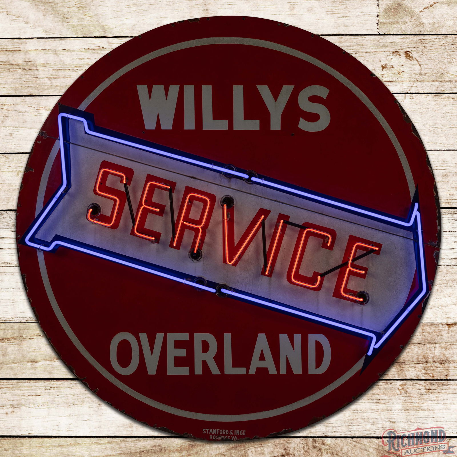 Willys Overland Service 5' Double Sided Porcelain Factory Neon Sign w/ Arrow: DSP (Double Sided Porcelain) factory neon sign with the original metal can has good color and gloss. The sign features two-color neon, which overlays the porcelain "Service" lettering and arrow graphi