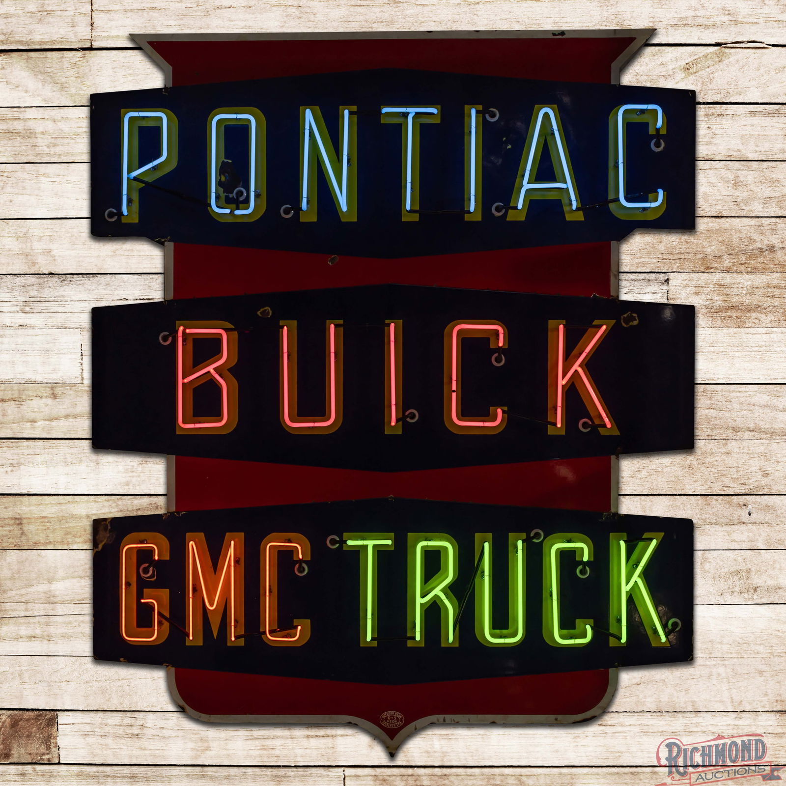 Rare Pontiac Buick GMC Trucks 7' Single Sided Porcelain Neon Sign: SSP (Single Sided Porcelain) multi-piece sign with added neon and a new metal can has excellent color and gloss. The sign features brilliant four-color neon with a unique die cut shape. The field exhi