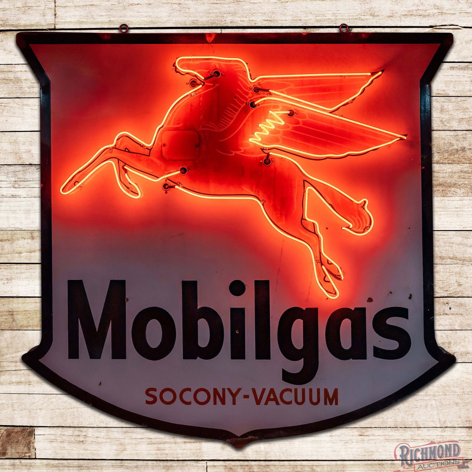 Rare Mobil Socony-Vacuum Die Cut 6' Single Sided Porcelain Factory Neon Sign w/ Pegasus: SSP (Single Sided Porcelain) die cut factory neon sign with a new metal can has good color and gloss. The sign features a large Pegasus graphic in the field with a brilliant single-color neon surround