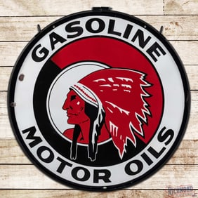 McColl Frontenac Red Indian Gasoline Motor Oils 36" DS Porcelain Sign w/ Native American & Ring