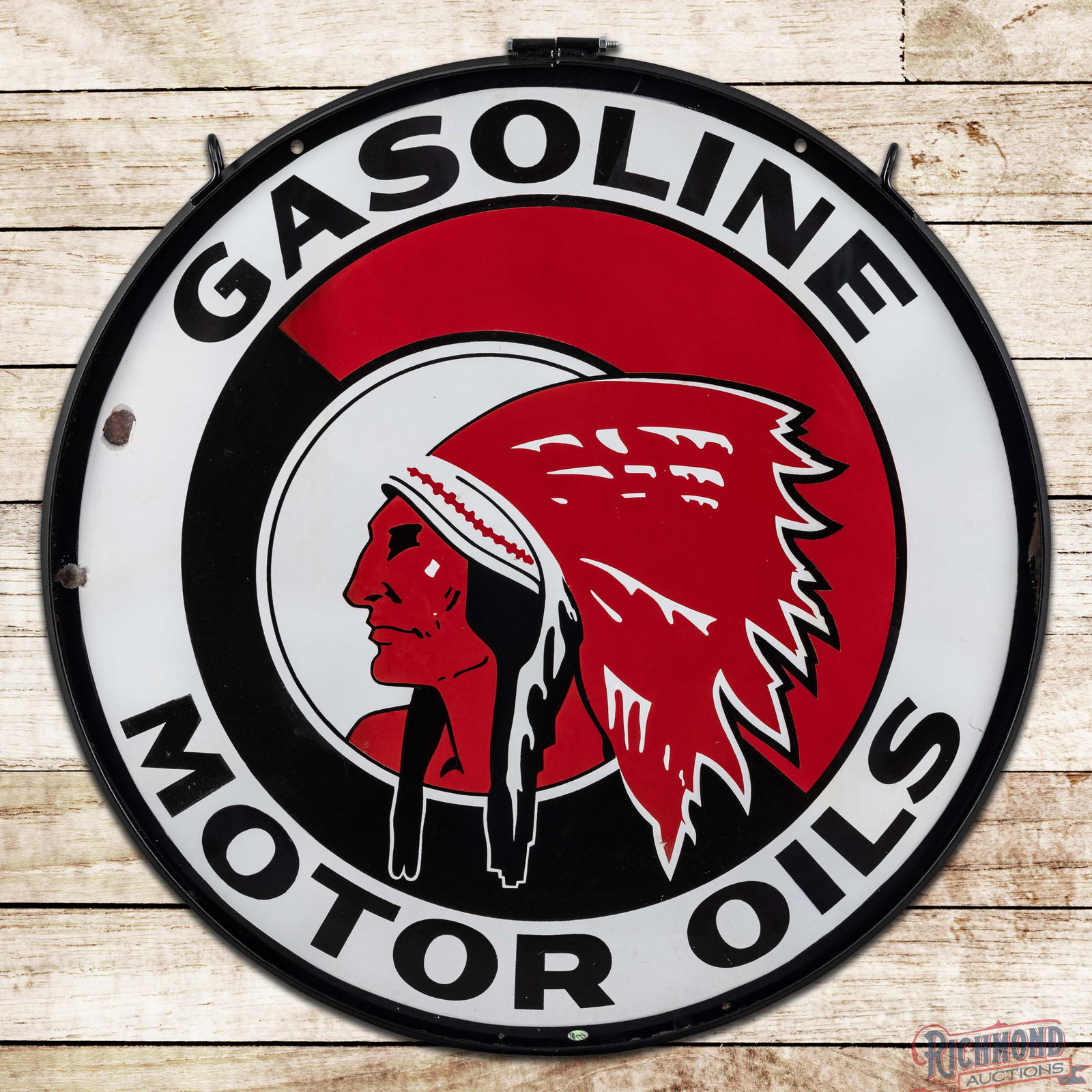 McColl Frontenac Red Indian Gasoline Motor Oils 36" DS Porcelain Sign w/ Native American & Ring: Iconic DSP (Double Sided Porcelain) sign has excellent color and gloss. The display features a clean Native American graphic with a few minor surface imperfections. The outer fields have areas of