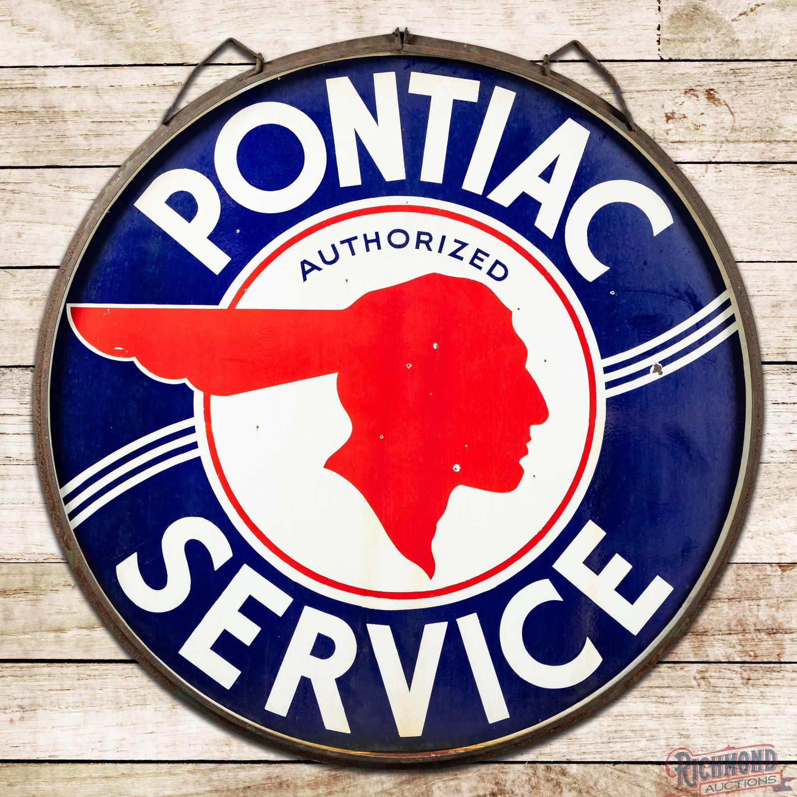 Pontiac Authorized Service 5' Double Sided Porcelain Sign w/ Factory Ring "Full Feather Logo": DSP (Double Sided Porcelain) sign with the original metal ring has excellent color and gloss. The display features a large "Full Feather" Native American graphic with classic Pontiac porcelain enamel