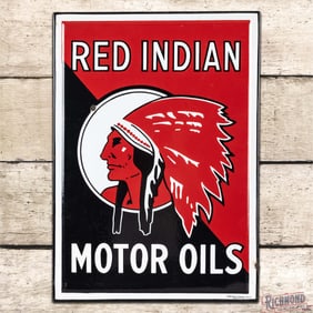 Outstanding Red Indian Motor Oils Single Sided Porcelain Sign w/ Native American Graphic