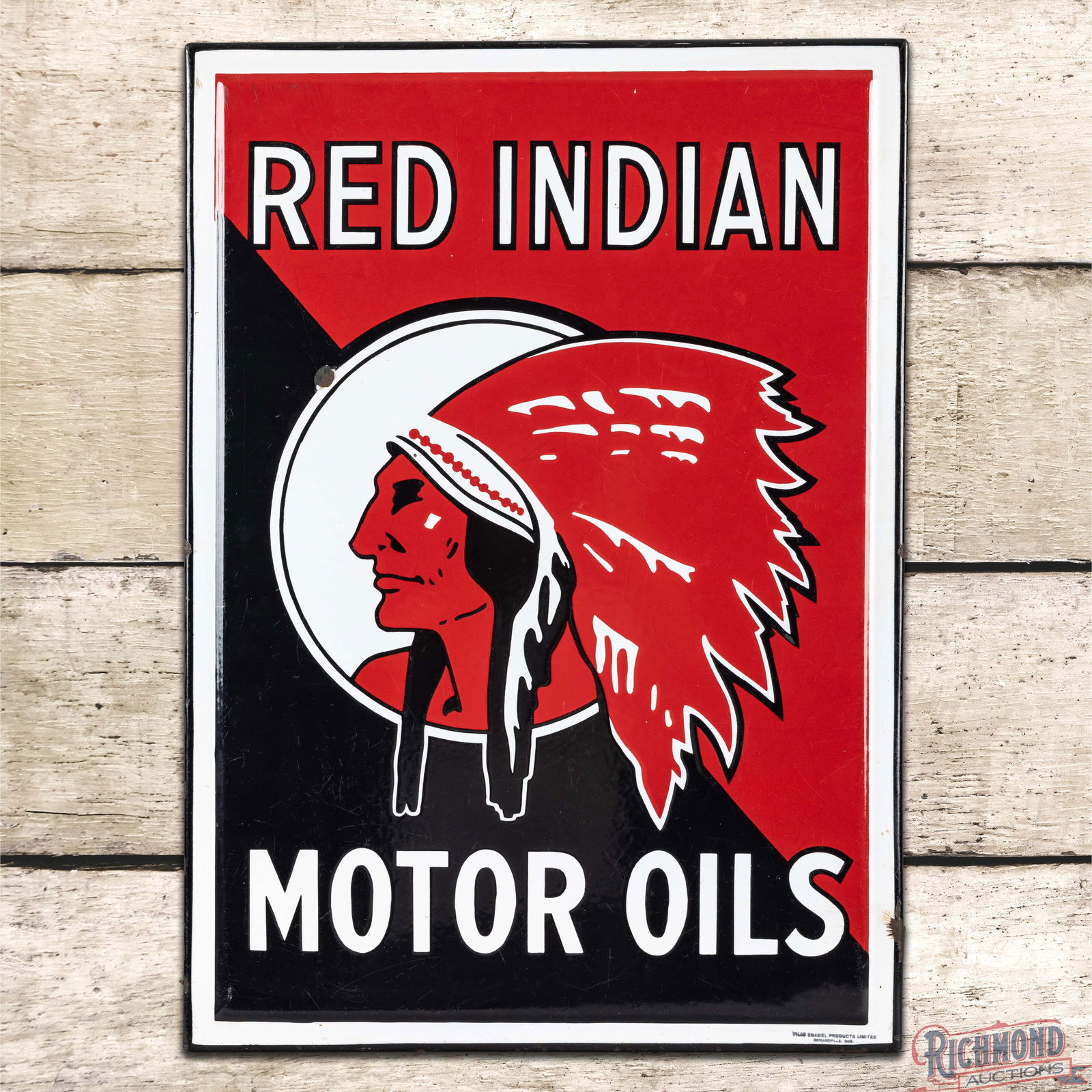 Outstanding Red Indian Motor Oils Single Sided Porcelain Sign w/ Native American Graphic: SSP (Single Sided Porcelain) self-framed sign has excellent color and gloss. The display has light surface wear with a chip in the outer left field. The perimeter has chips to the self-framed edge