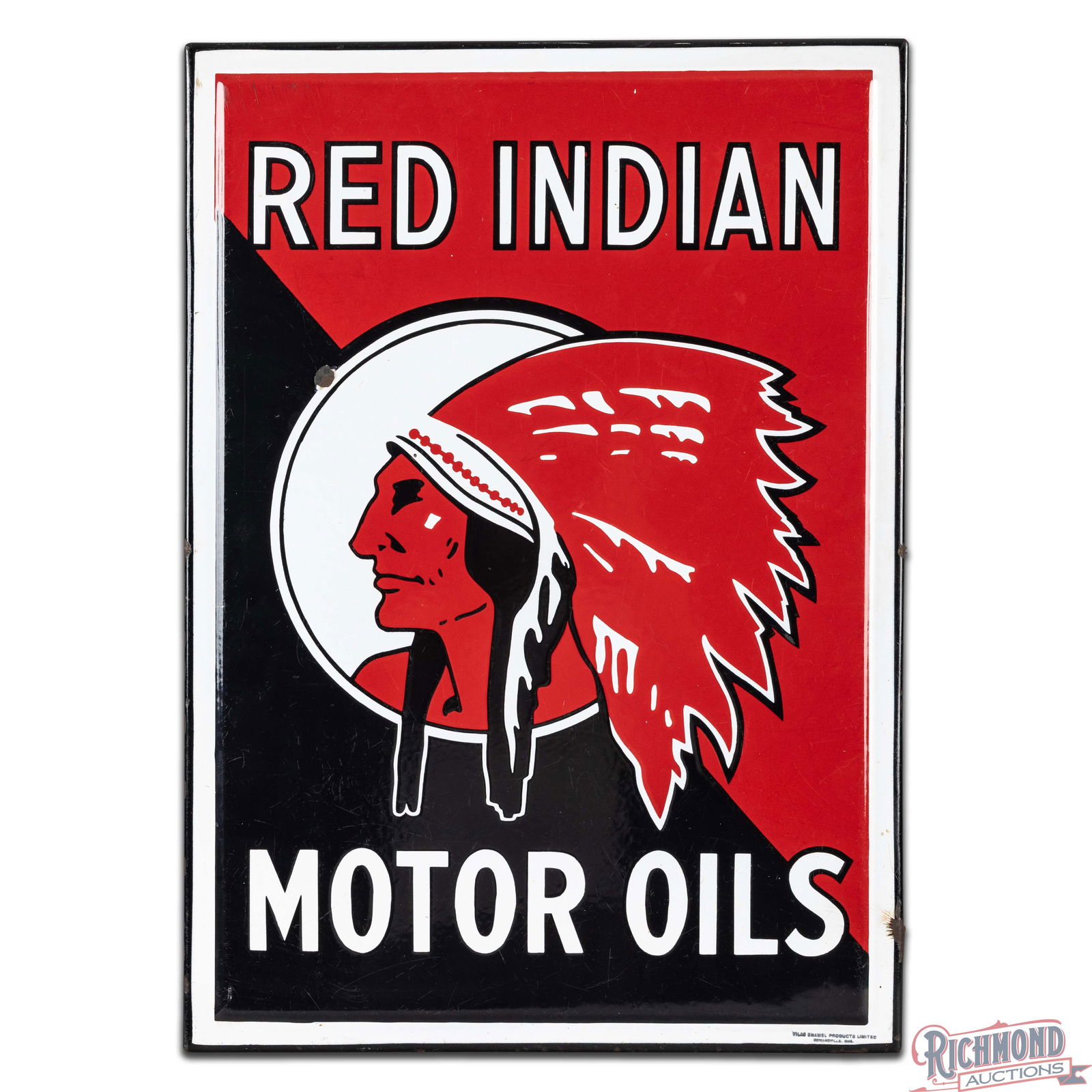 Outstanding Red Indian Motor Oils Single Sided Porcelain Sign w/ Native American Graphic - 2