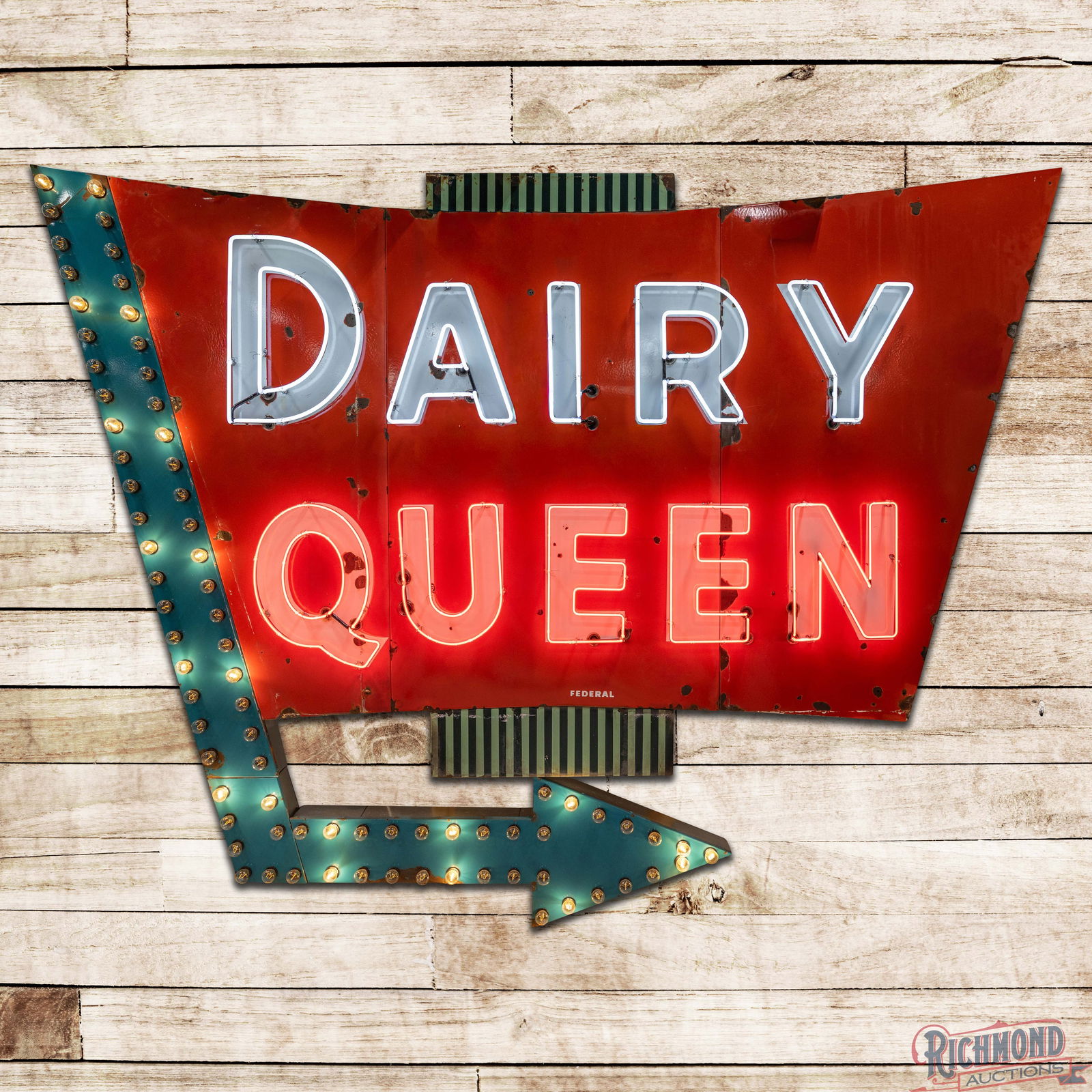 Large Dairy Queen Die Cut Single Sided Porcelain 11' Factory Neon Sign w/ Chaser Bulb Arrow: SSP (Single Sided Porcelain) die cut multi-piece factory neon sign with chaser bulb arrow and metal can has excellent color and gloss. The sign features two-color neon with a chaser-bulb perimeter arr