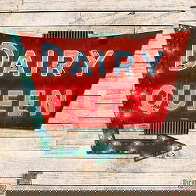 Large Dairy Queen Die Cut Single Sided Porcelain 11' Factory Neon Sign w/ Chaser Bulb Arrow: SSP (Single Sided Porcelain) die cut multi-piece factory neon sign with chaser bulb arrow and metal can has excellent color and gloss. The sign features two-color neon with a chaser-bulb perimeter arr