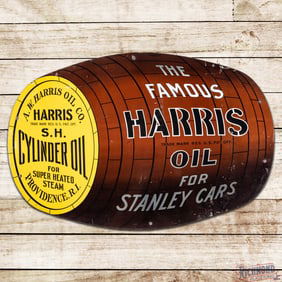 Scarce The Famous Harris Oil for Stanley Cars Die Cut Double Sided Tin Sign Providence RI