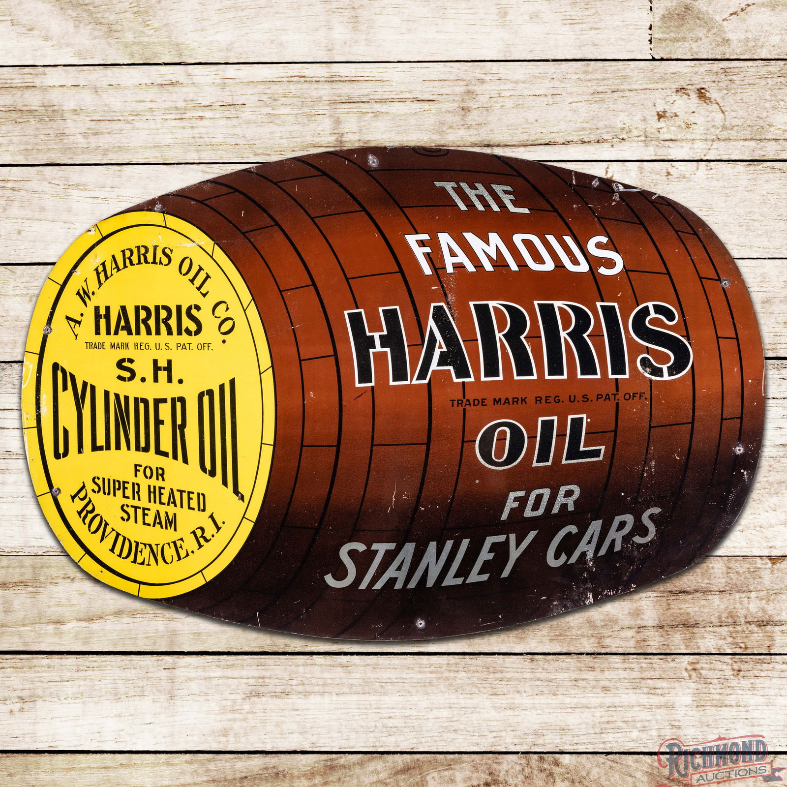Scarce The Famous Harris Oil for Stanley Cars Die Cut Double Sided Tin Sign Providence RI: Fantastic DST (Double Sided Tin) sign has very good color and shine. The sign features a unique design with a barrel shape and early A.W. Harris Oil Company colors. The display has fine scratches,