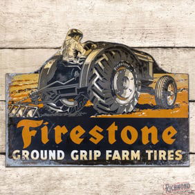 Firestone Ground Grip Farm Tires Die Cut Double Sided Tin Flange Sign w/ Tractor