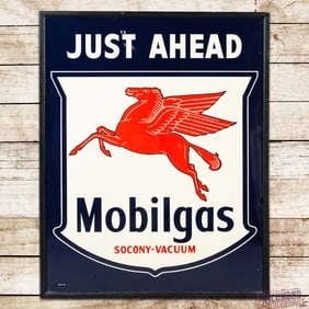 Amazing NOS 1949 Mobilgas Socony-Vacuum Just Ahead Single Sided Tin Sign w/ Pegasus