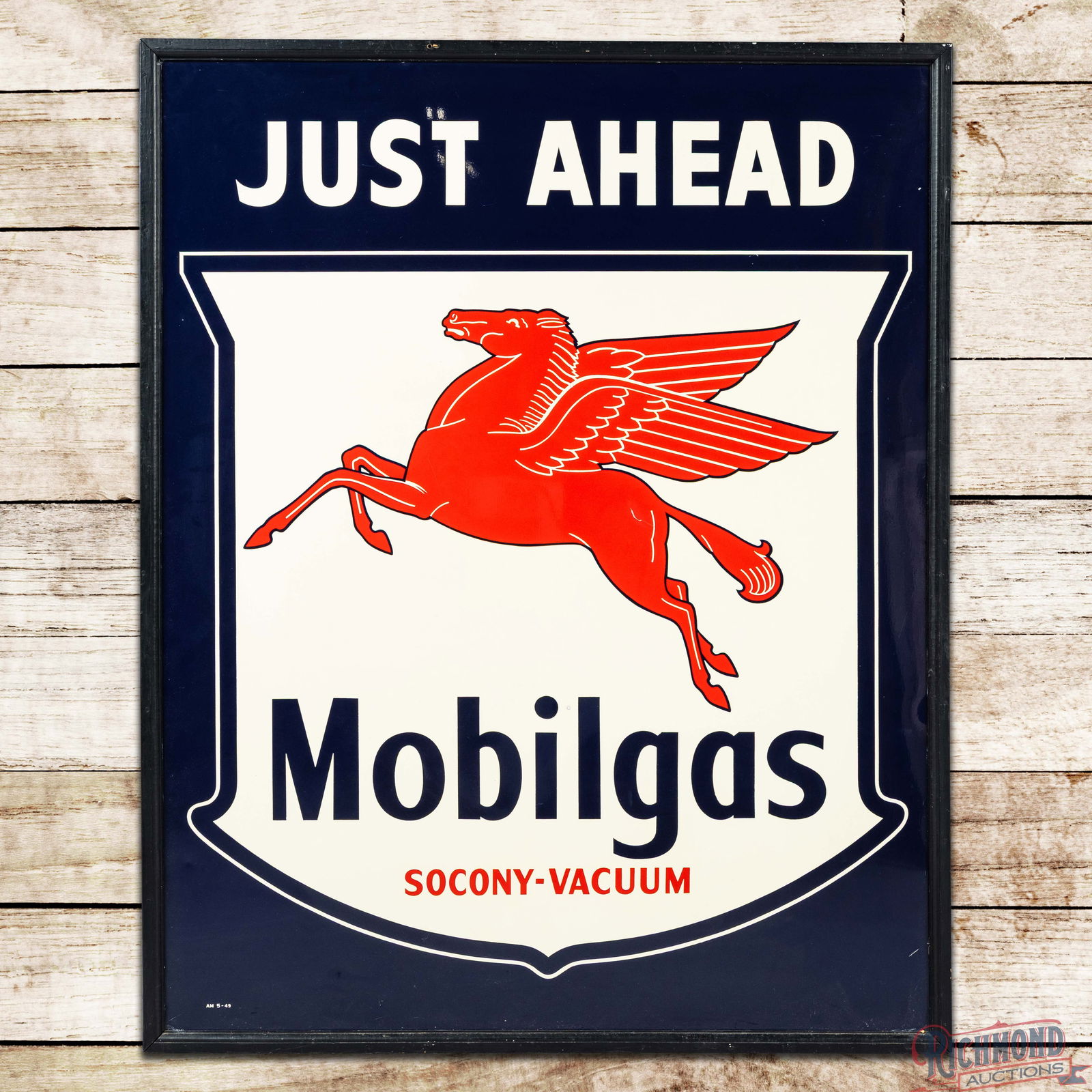 Amazing NOS 1949 Mobilgas Socony-Vacuum Just Ahead Single Sided Tin Sign w/ Pegasus: Outstanding NOS (New Old Stock) SST (Single Sided Tin) sign with factory wooden frame has day one color and shine. The display is exceptionally clean with one scratch in the right field on Pegasus.