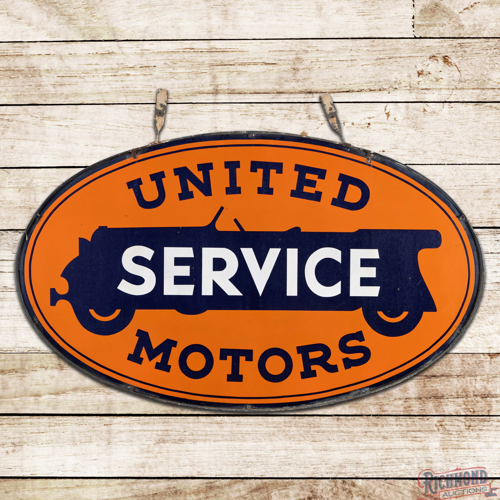 United Motors Service 5' Double Sided Porcelain Sign w/ Factory Ring: DSP (Double Sided Porcelain) sign with the factory metal ring with hangers has very good color and gloss. The display has tiny chips in the field with cloudiness to the blue porcelain enamel. The