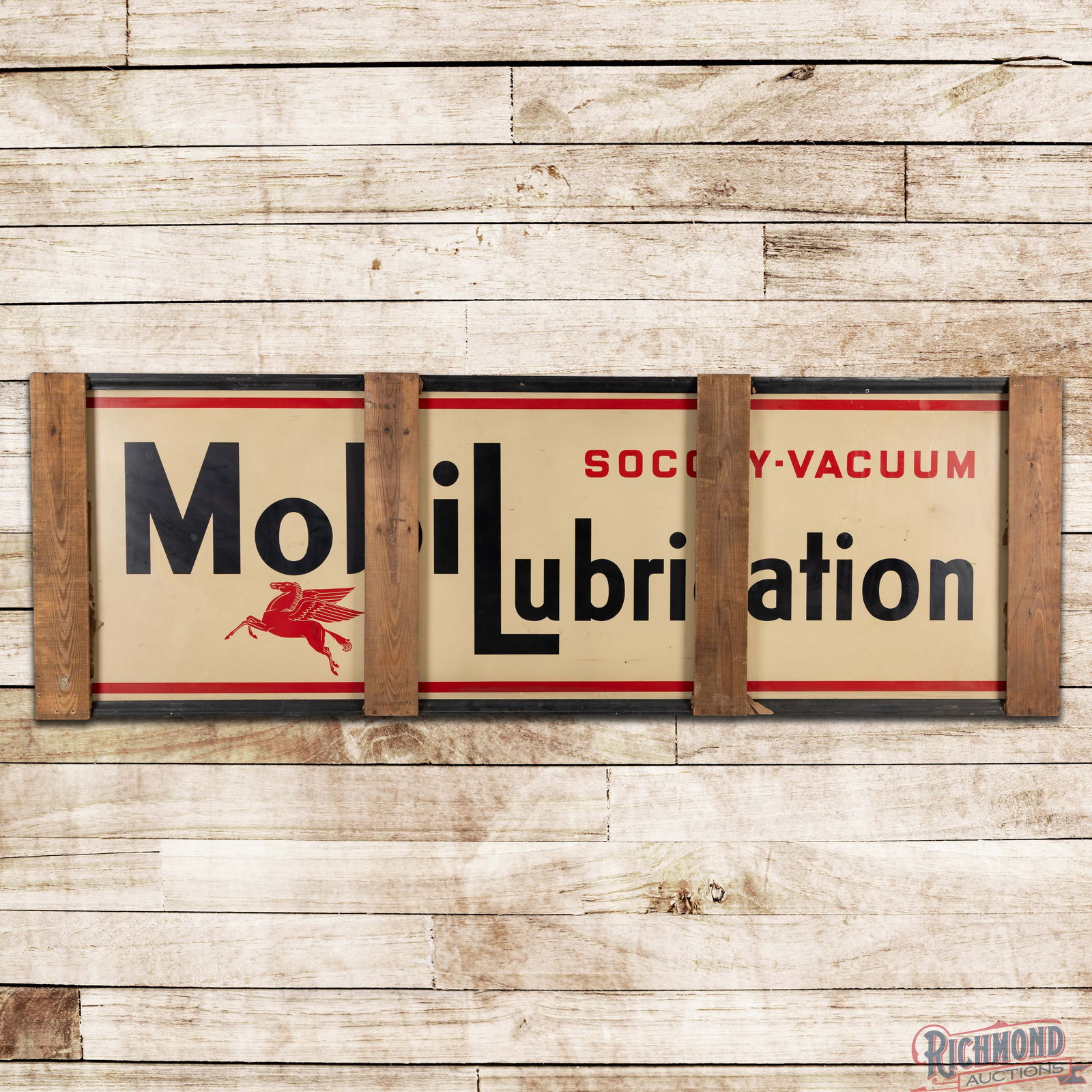 Amazing NOS Mobilubrication Socony-Vacuum 8' SS Tin Pegasus Logo Sign w/ Factory Wooden Frame: SST (Single Sided Tin) sign with the factory wooden frame and four slat crated front has outstanding color and shine. The display is exceptionally clean with light wear and storage marks. The