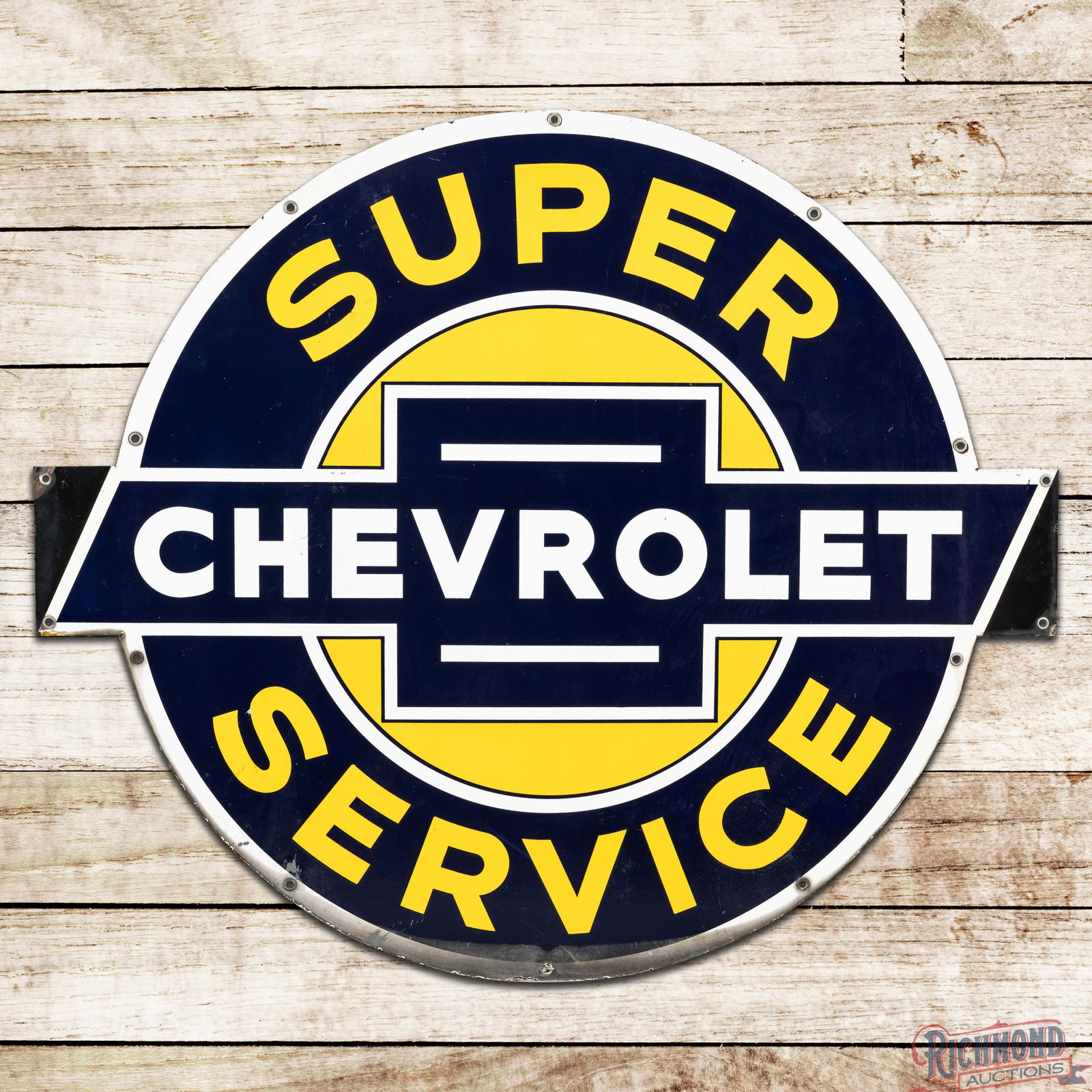 Chevrolet Super Service Die Cut 42" Single Sided Porcelain Sign w/ Logo: SSP (Single Sided Porcelain) die cut sign has excellent color and gloss. The field is clean with light wear and minor marks. The perimeter has edge chips, minor bends on the corners, areas of