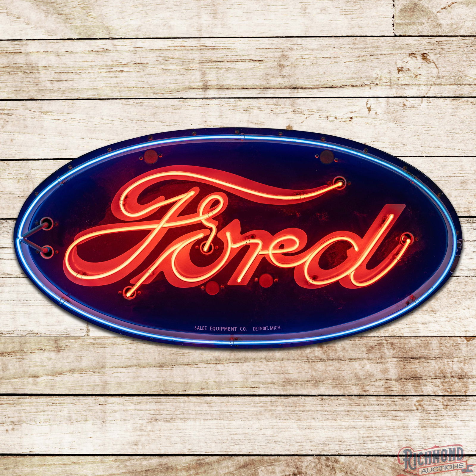 Excellent Ford Automobiles 4' Single Sided Porcelain Factory Neon Sign: SSP (Single Sided Porcelain) factory neon sign with a metal can and ceiling mount bracket has excellent color and gloss. The fields are clean and the perimeter has light wear at the mounting holes and