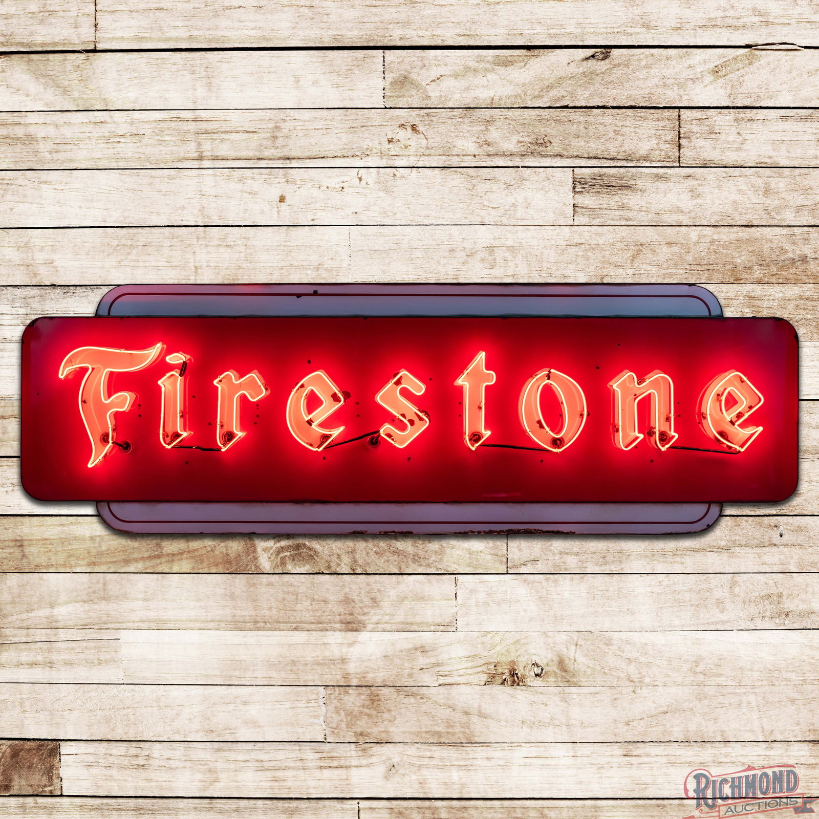 Firestone Tires 10' Double Sided Porcelain Factory Neon Sign: DSP (Double Sided Porcelain) factory neon sign with the original metal can has excellent color and gloss. Side #1 has light wear with chips, unused stand supports and areas of toning to the lettering.