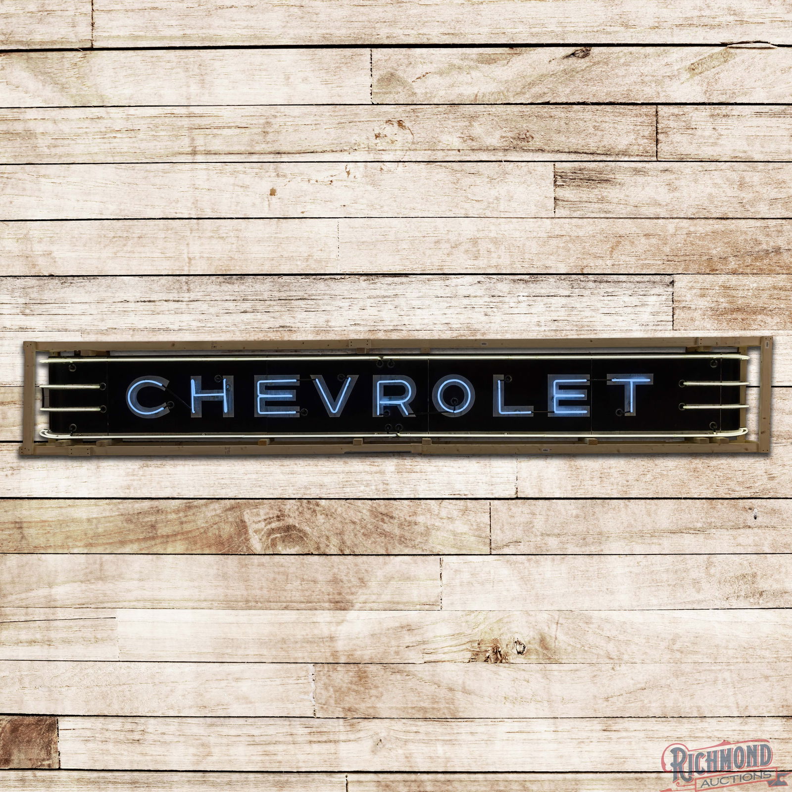 Chevrolet Automobiles 17' Horizontal Single Sided Porcelain Factory Neon Sign: SSP (Single Sided Porcelain) multi-piece factory neon sign with the original can and bullnoses has very good color and gloss. The sign features brilliant two-color neon, which pairs well with the two-