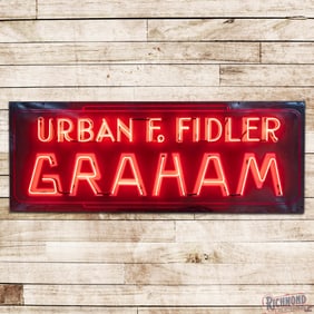 Scarce Urban F. Fidler Graham Automobiles 8' Double Sided Porcelain Factory Neon Sign