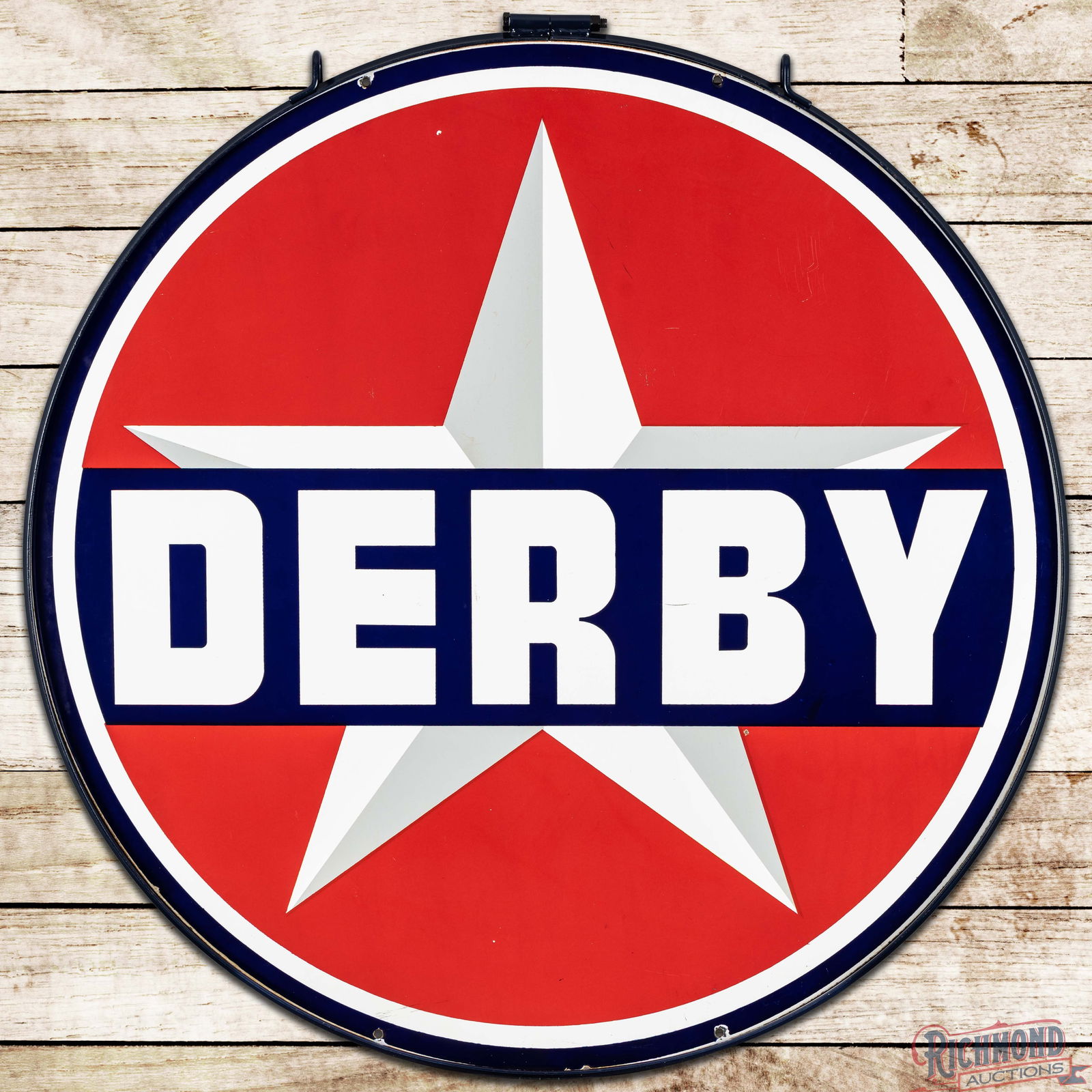 Impressive Derby Gasoline 48" Double Sided Porcelain Sign w/ Ring: DSP (Double Sided Porcelain) sign has outstanding color and gloss. Side #1 has an eraser sized chip below the "B" with other marks and minor imperfections in the fields. The outer fields and
