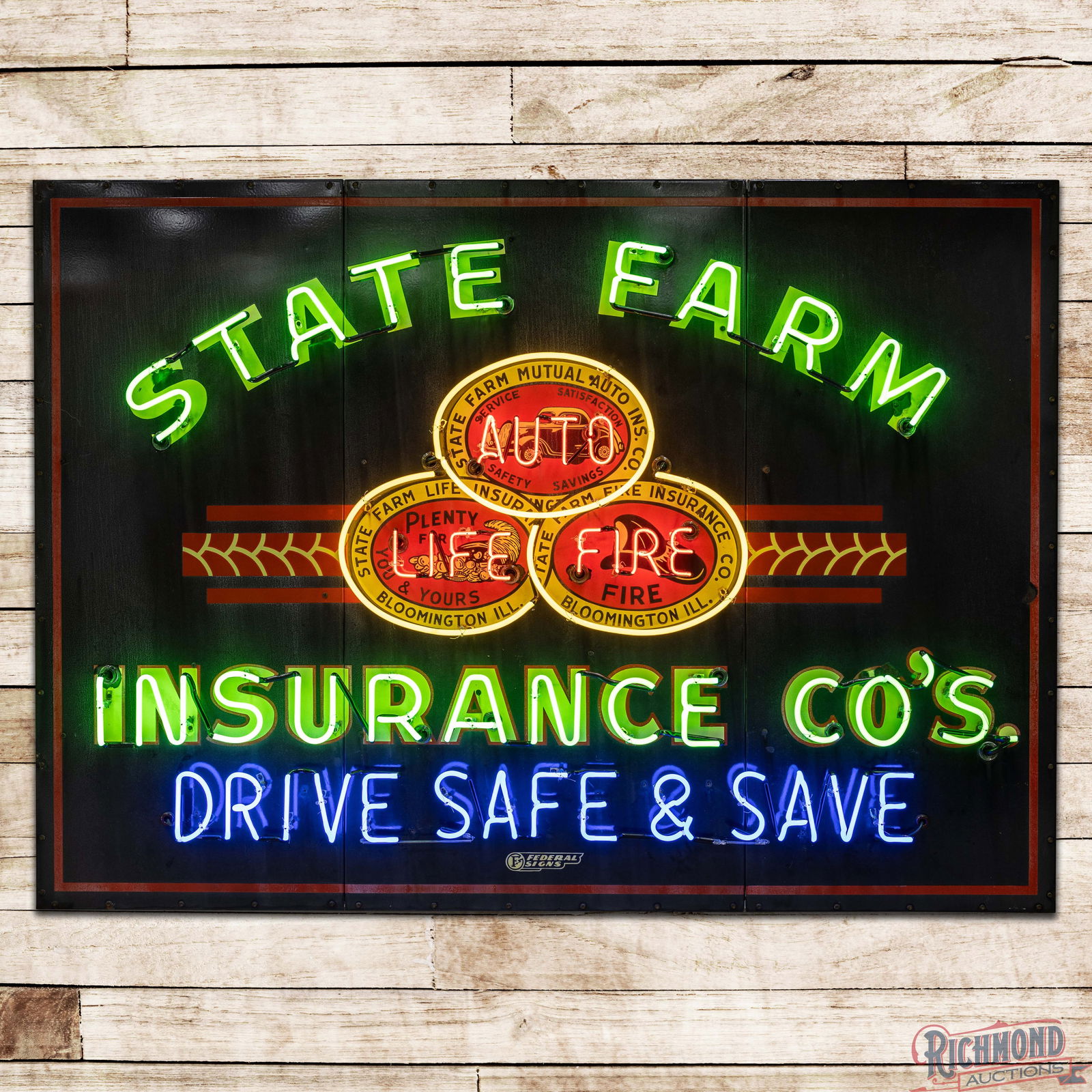 Amazing State Farm Insurance "Drive Safe & Save" 7' SS Porcelain Factory Neon Sign: SSP (Single Sided Porcelain) factory neon sign with a new metal can has good color and gloss. The sign features vibrant four-color neon, flashing "Auto, Life and Fire" lettering and graphics of an ear