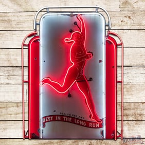 Rare Marathon Gasoline "Best in the Long Run" 4.5' Emb Porcelain Service Station Marquee Neon Sign
