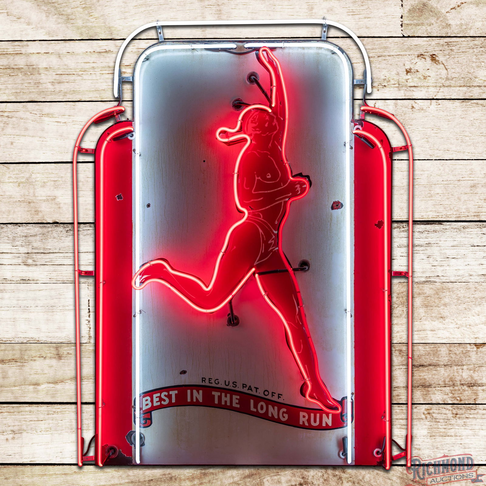 Rare Marathon Gasoline "Best in the Long Run" 4.5' Emb Porcelain Service Station Marquee Neon Sign: SSP (Single Sided Porcelain) die cut embossed sign with added neon and a metal can has very good color and gloss. The sign features a large embossed "Running Man" graphic with brilliant two-color neon