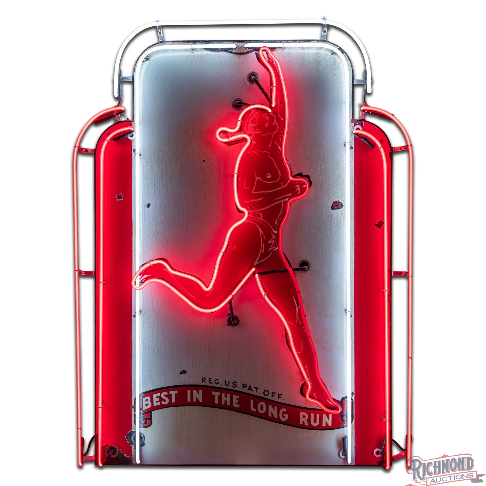 Rare Marathon Gasoline "Best in the Long Run" 4.5' Emb Porcelain Service Station Marquee Neon Sign - 2