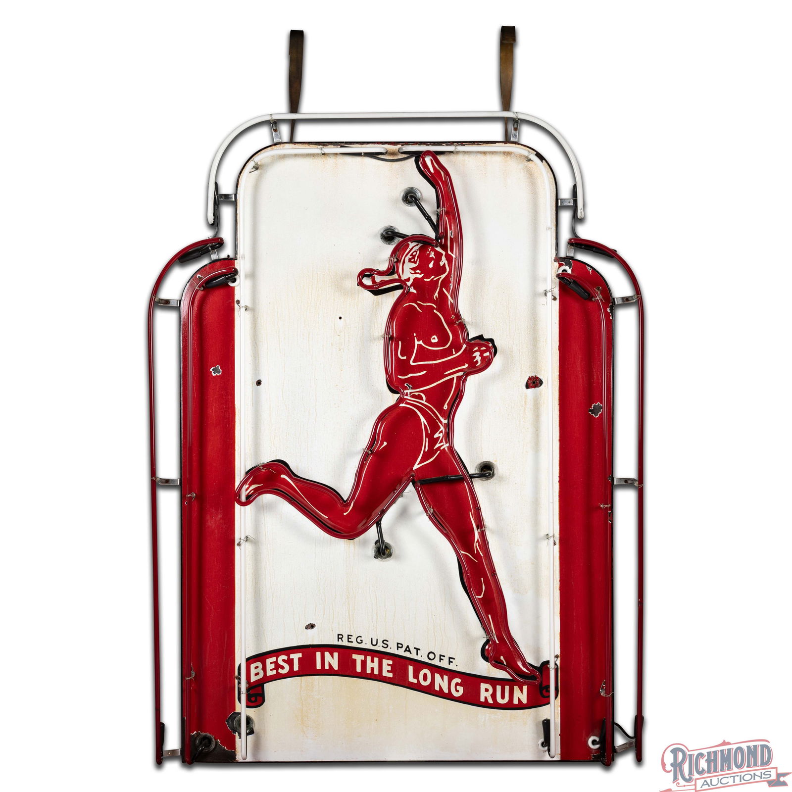 Rare Marathon Gasoline "Best in the Long Run" 4.5' Emb Porcelain Service Station Marquee Neon Sign - 3