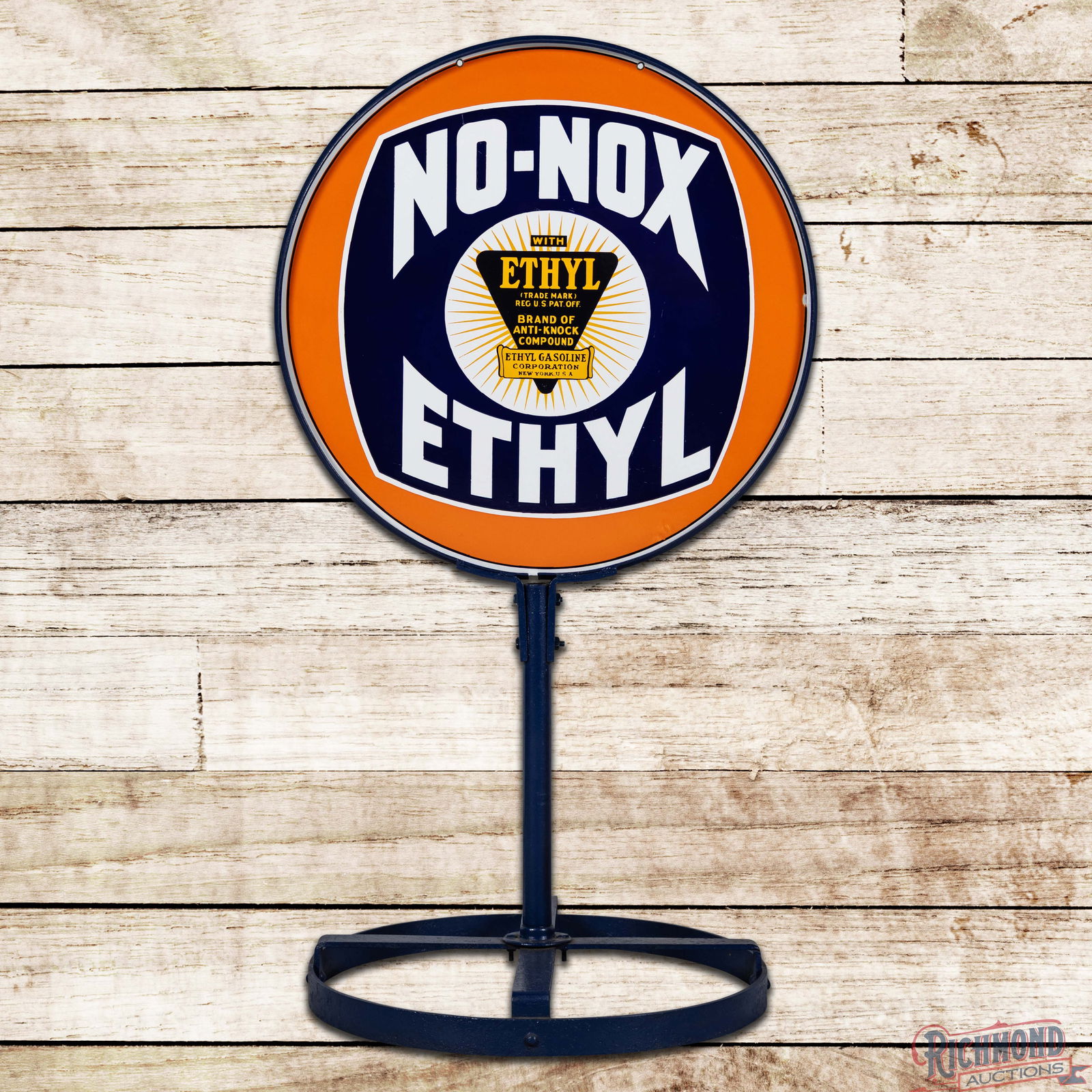 Outstanding Gulf No-Nox Ethyl Gasoline 30" Double Sided Porcelain Curb Sign w/ Logo: DSP (Double Sided Porcelain) sign with ring, pole and strap base has excellent color and gloss. The display has a clean field with heavy shelving and brilliant color. The perimeter has small edge