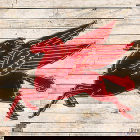 Mobil Pegasus Left Facing Cookie Cutter Neon Sign: SSP (Single Sided Porcelain) left facing cookie cutter sign with added neon and metal can has excellent color and gloss. The field has areas of color match and minor chipping at the insulators, a smal